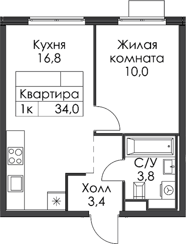 1-комнатная квартира 34 м², 14/15 эт., ЖК «Заречный парк»